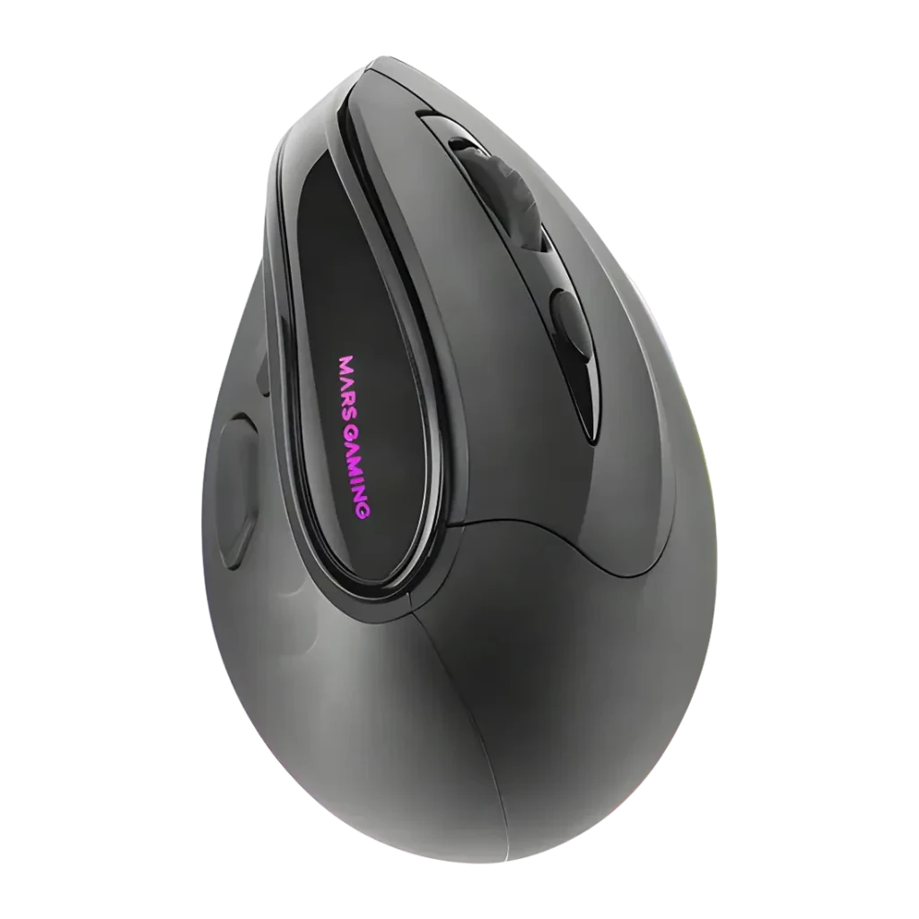 Souris Gaming Mars Gaming MM-SK RGB Tri-Mode Sans Fil 8400 DPI Noir, vue latérale: forme verticale ergonomique avec logo RGB