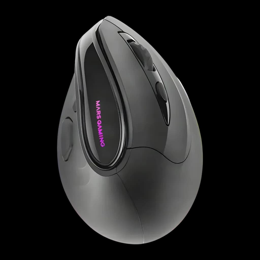 Souris Gaming Mars Gaming MM-SK RGB Tri-Mode Sans Fil 8400 DPI Noir, vue latérale: forme verticale ergonomique avec logo RGB