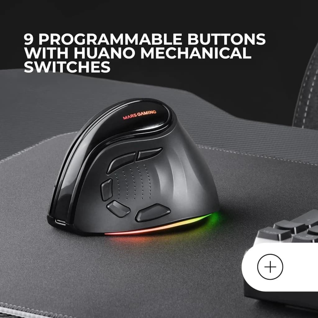 Souris Gaming Mars Gaming MM-SK RGB Tri-Mode Sans Fil 8400 DPI Noir, vue latérale: boutons latéraux programmables