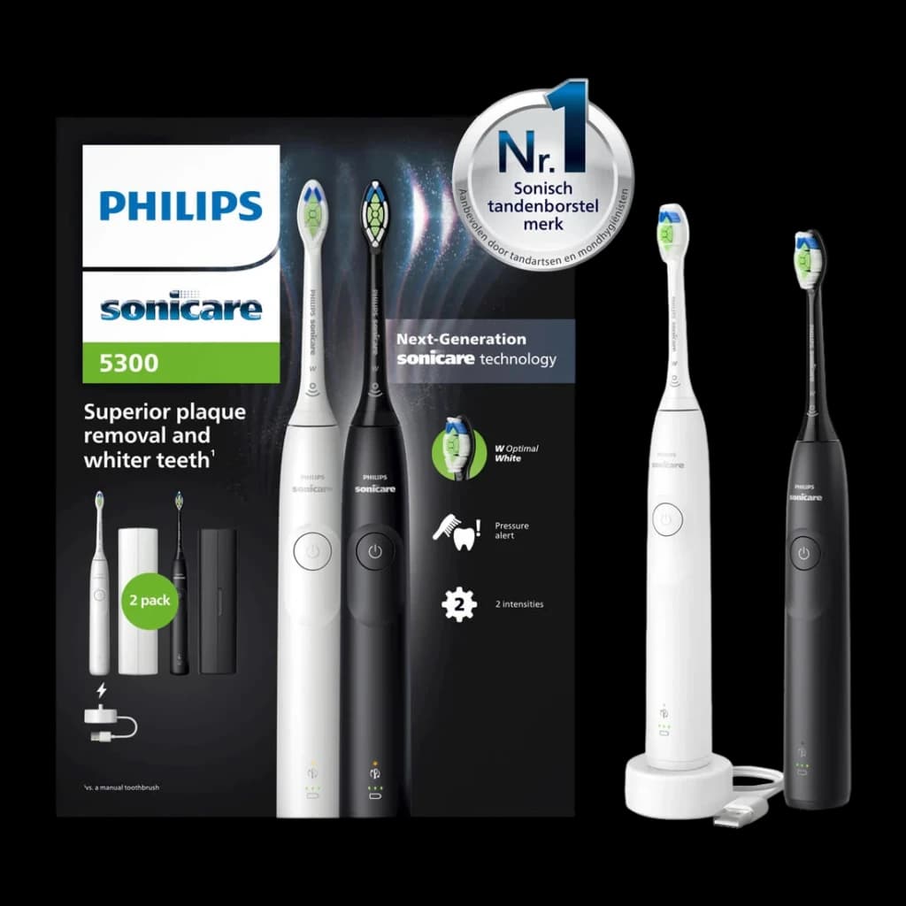 Brosse à dents électrique Philips Sonicare 5300 21 jours 2 vitesses HX7109/01, pack 2 pcs: manches blanc et noir avec boîte