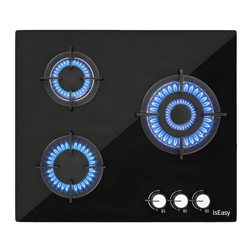 Table de cuisson gaz Iseasy Verre trempé 7,75 kW (3,3+2,7+1,75 kW) Noir MGBG-603, vue dessus: 3 brûleurs à flamme bleue