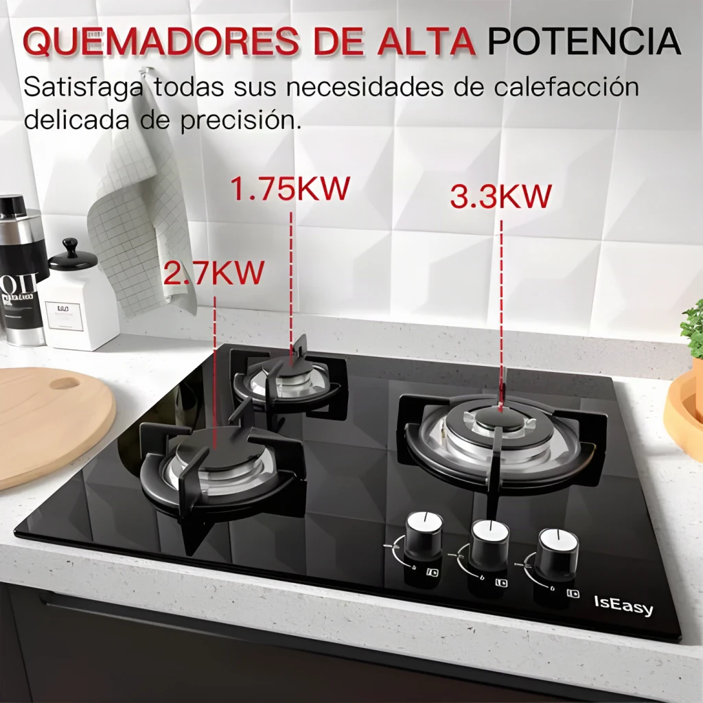 Table de cuisson gaz Iseasy Verre trempé 7,75 kW (3,3+2,7+1,75 kW) Noir MGBG-603, détail: 3 brûleurs étiquetés 1,75 kW, 2,7