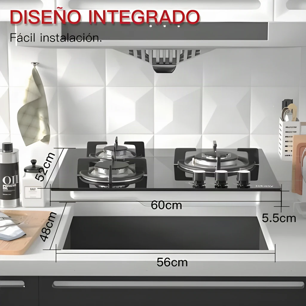 Table de cuisson gaz Iseasy Verre trempé 7,75 kW (3,3+2,7+1,75 kW) Noir MGBG-603, encastrée: dimensions 60x52cm intégrées