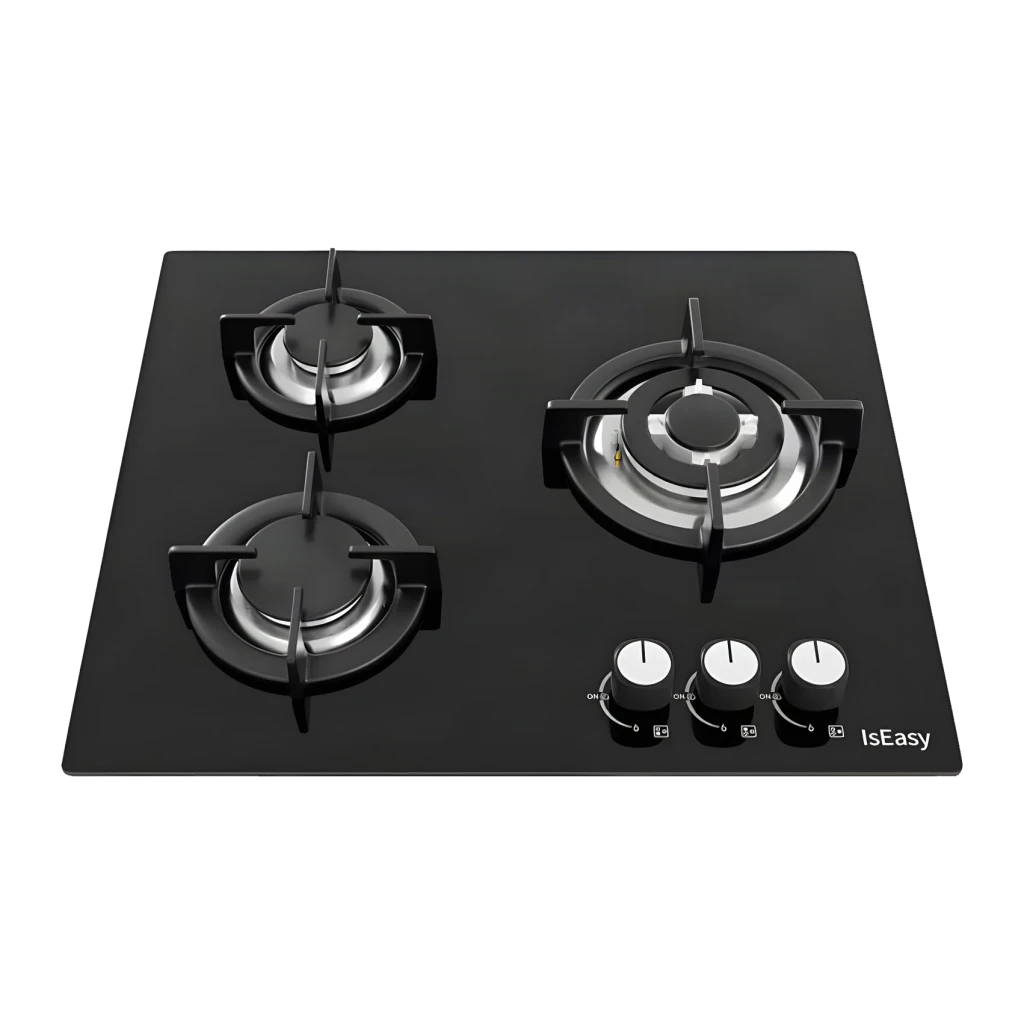 Table de cuisson gaz Iseasy Verre trempé 7,75 kW (3,3+2,7+1,75 kW) Noir MGBG-603, vue du dessus: 3 brûleurs avec grilles