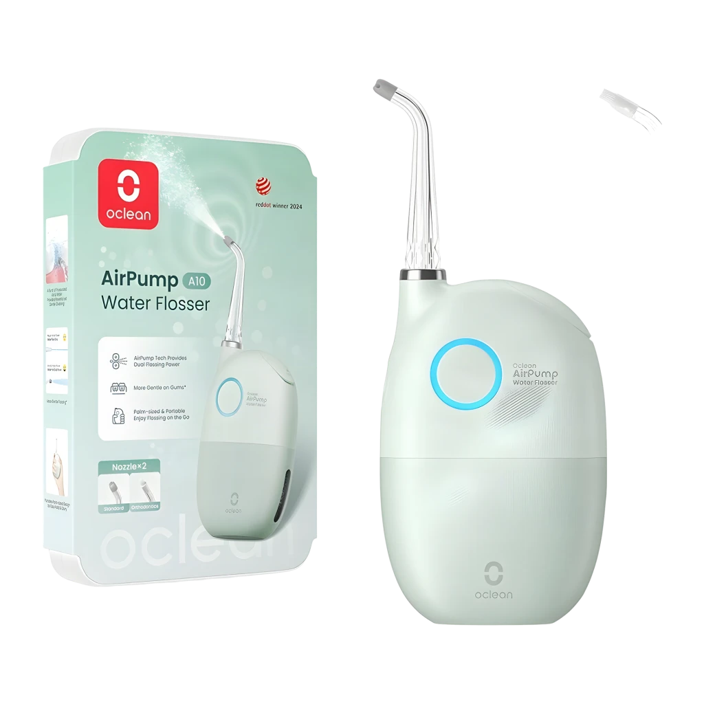 Irrigador dentário Oclean AirPump A10 Sem Fios Bateria recarregável Verde, vista frontal: dispositivo verde com bocal