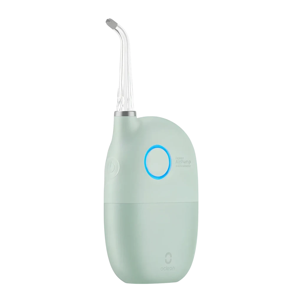 Irrigador dentário Oclean AirPump A10 Sem Fios Bateria recarregável Verde, vista frontal: botão circular azul iluminado