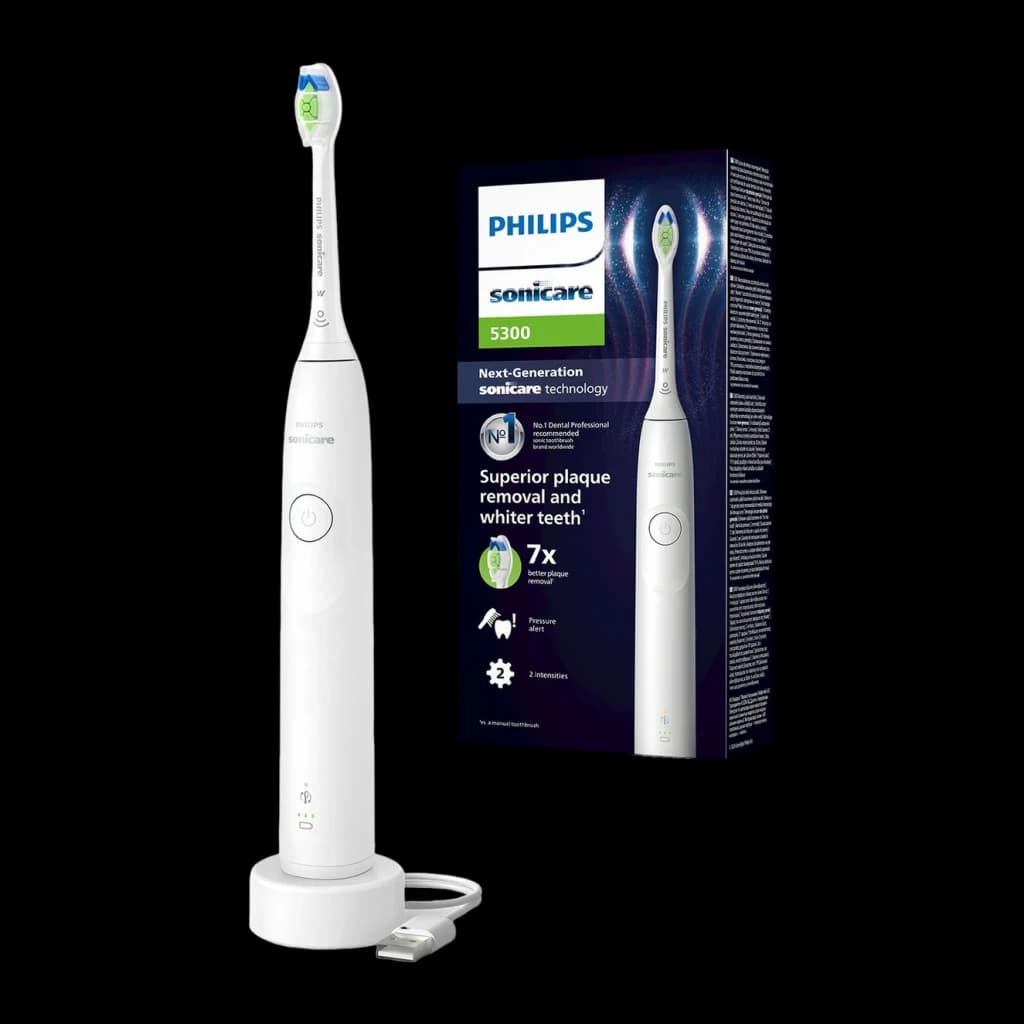 Brosse à Dents Électrique Philips Sonicare Series 5300 21 jours 1 Mode Blanc HX7108/01, vue principale: brosse avec base USB