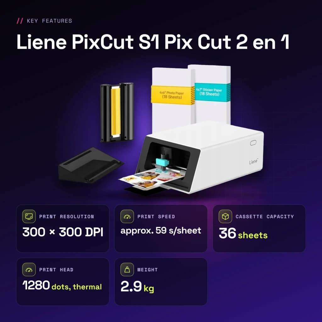 Imprimante photo portable Liene PixCut S1 Pix Cut 2 en 1 Blanc - caractéristiques