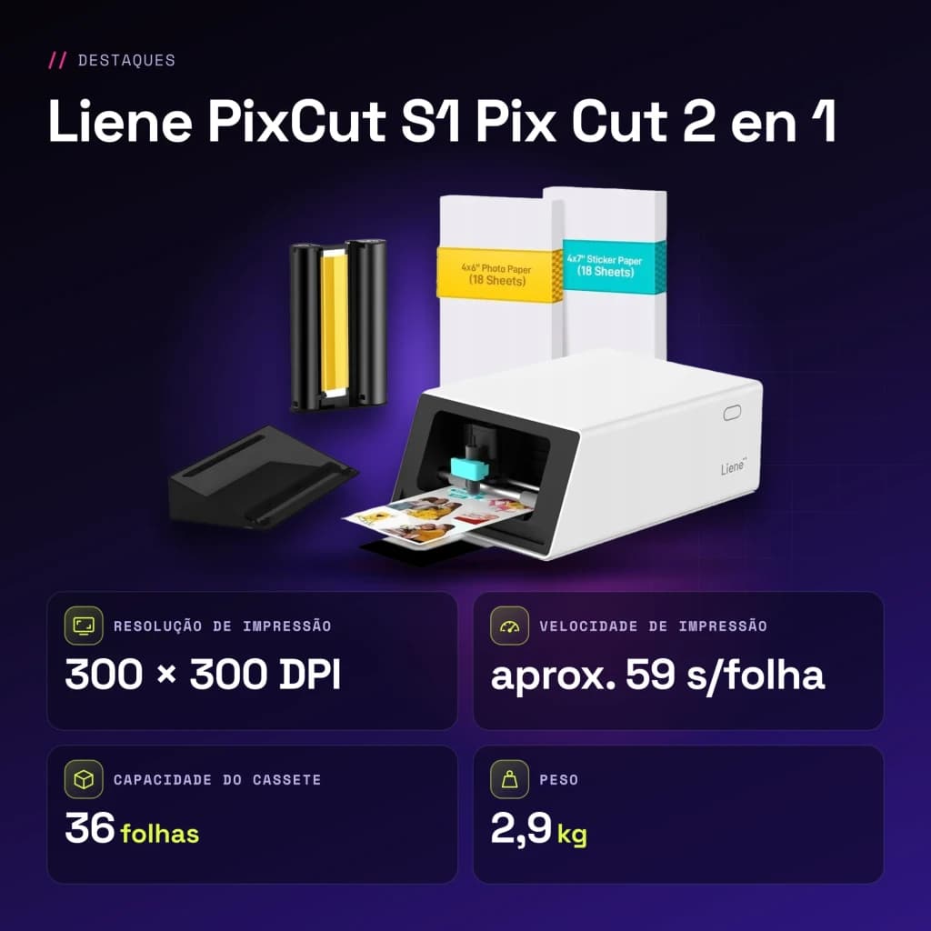 Imprimante photo portable Liene PixCut S1 Pix Cut 2 en 1 Blanc - caractéristiques