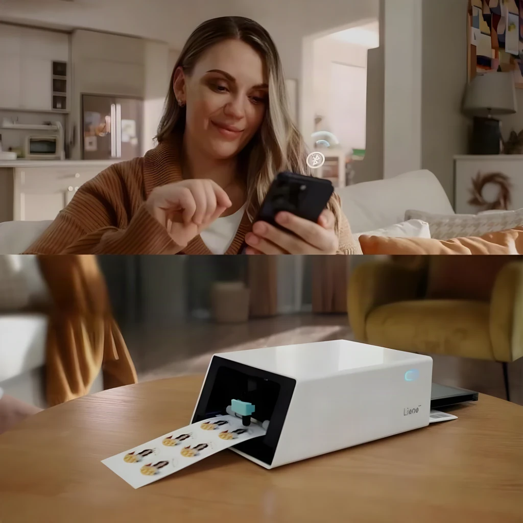 Imprimante photo portable Liene PixCut S1 Pix Cut 2 en 1 Blanc, utilisation: femme envoyant photo depuis smartphone