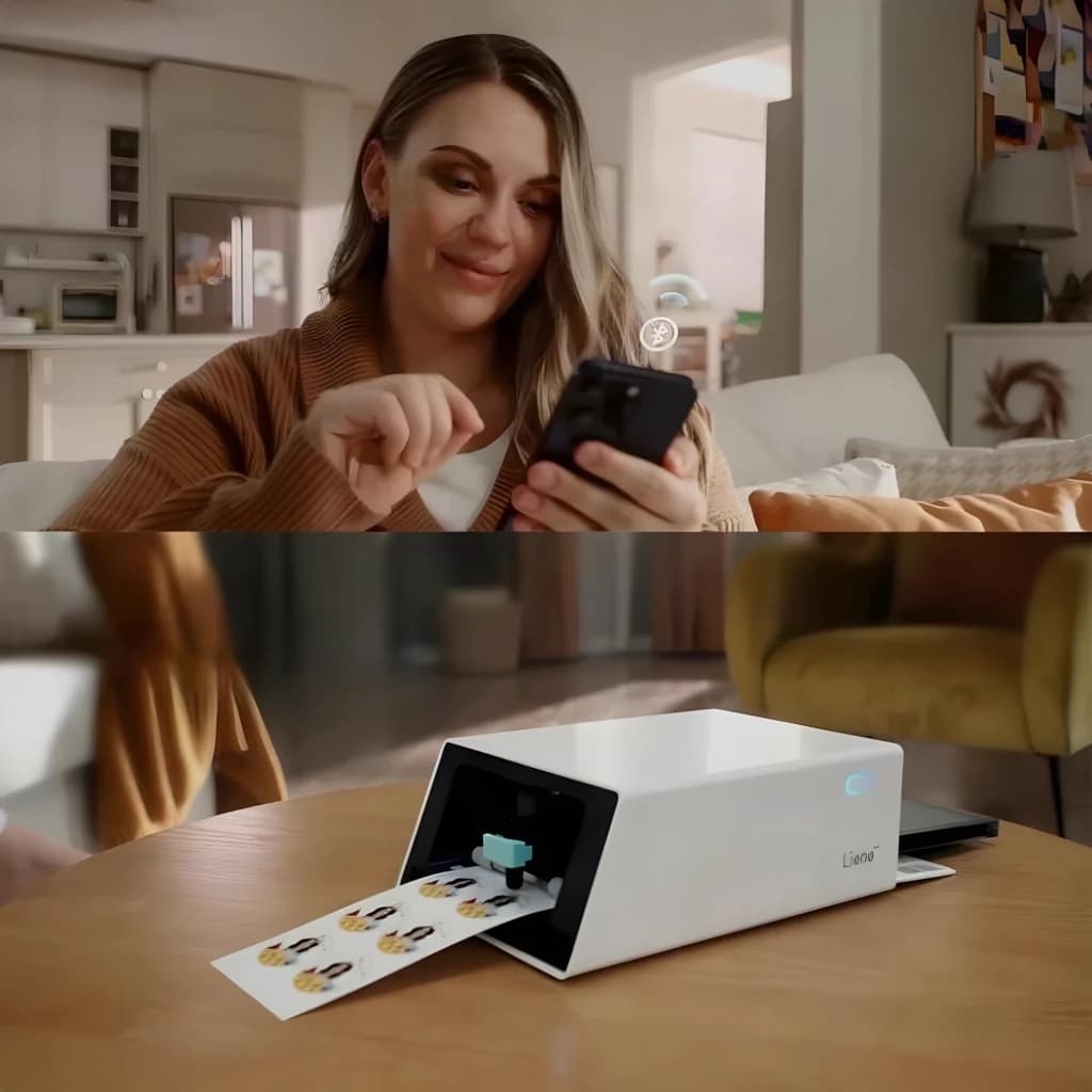 Imprimante photo portable Liene PixCut S1 Pix Cut 2 en 1 Blanc, utilisation: femme envoyant photo depuis smartphone