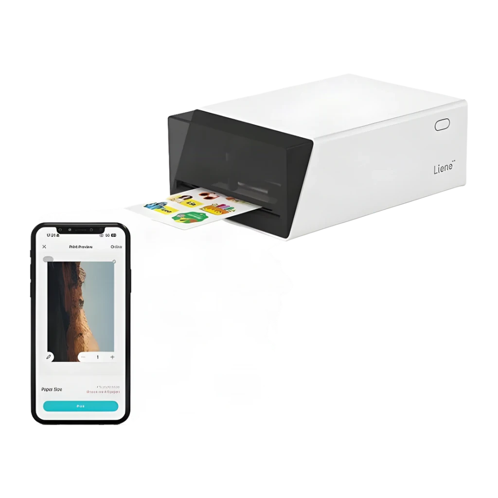 Imprimante photo portable Liene PixCut S1 Pix Cut 2 en 1 Blanc, vue latérale: impression d'autocollants avec smartphone