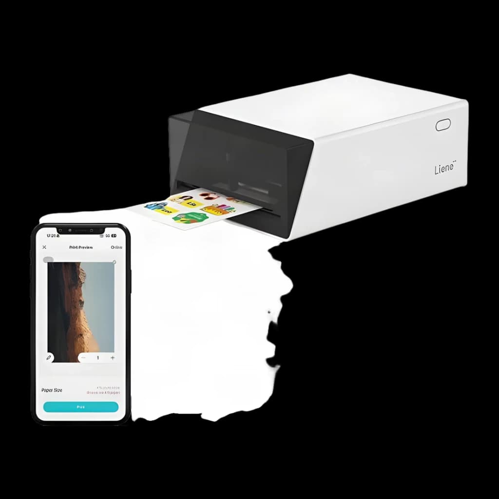 Imprimante photo portable Liene PixCut S1 Pix Cut 2 en 1 Blanc, vue latérale: impression d'autocollants avec smartphone