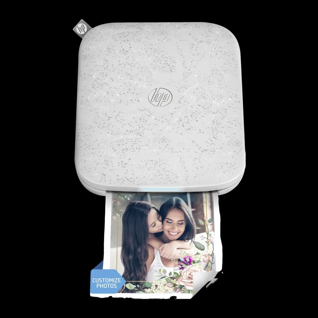 Imprimante photo portable Liene PixCut S1 Pix Cut 2 en 1 Blanc, vue avant: photo en cours d'impression avec bordure florale