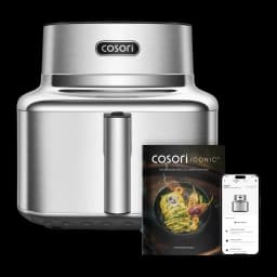Fritadeira de Ar Cosori Iconic Single Chef Edition 6,2L 1725W Vidro Temperado Aço Inoxidável, vista frontal: corpo em aço