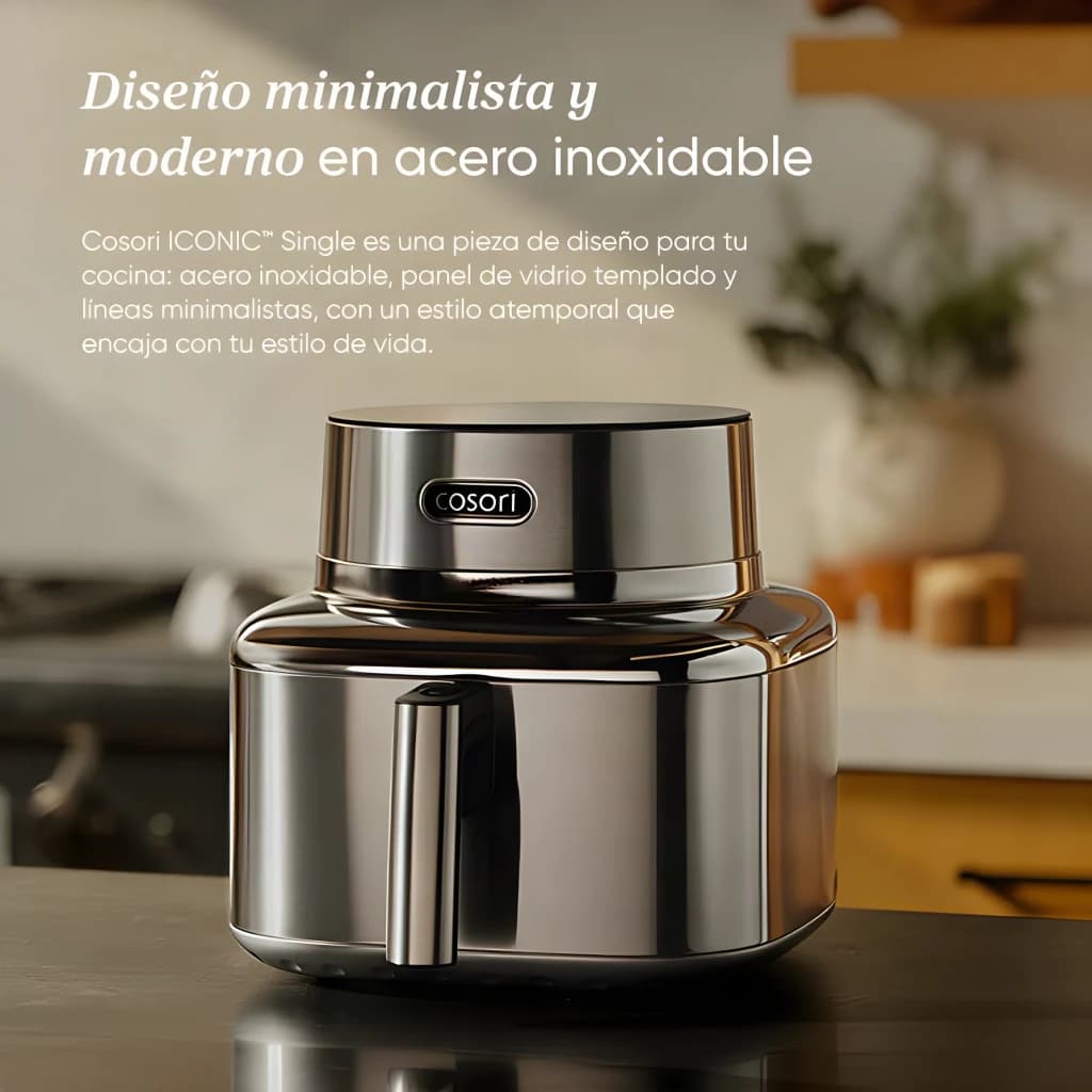 Fritadeira de Ar Cosori Iconic Single Chef Edition 6,2L 1725W Vidro Temperado Aço Inoxidável, vista frontal em bancada