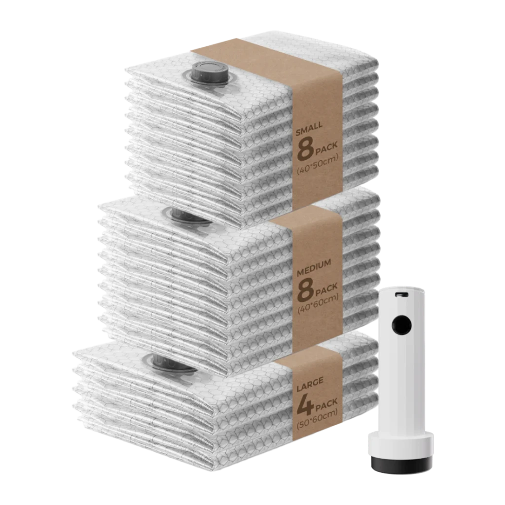 Set de bolsas de vacío Flextail NANO BAG Blanco Doble cierre hermético, vista frontal: 3 pilotos S/M/L apilados y bomba