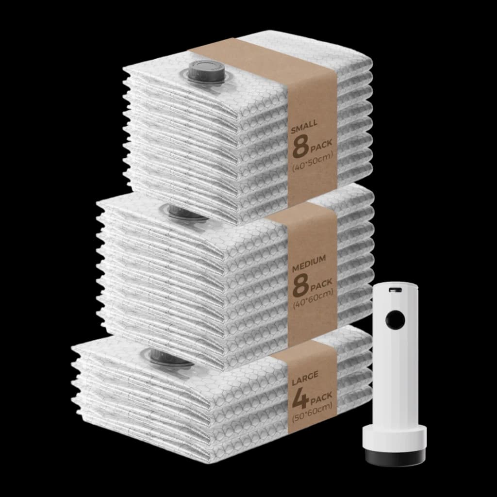 Set de bolsas de vacío Flextail NANO BAG Blanco Doble cierre hermético, vista frontal: 3 pilotos S/M/L apilados y bomba