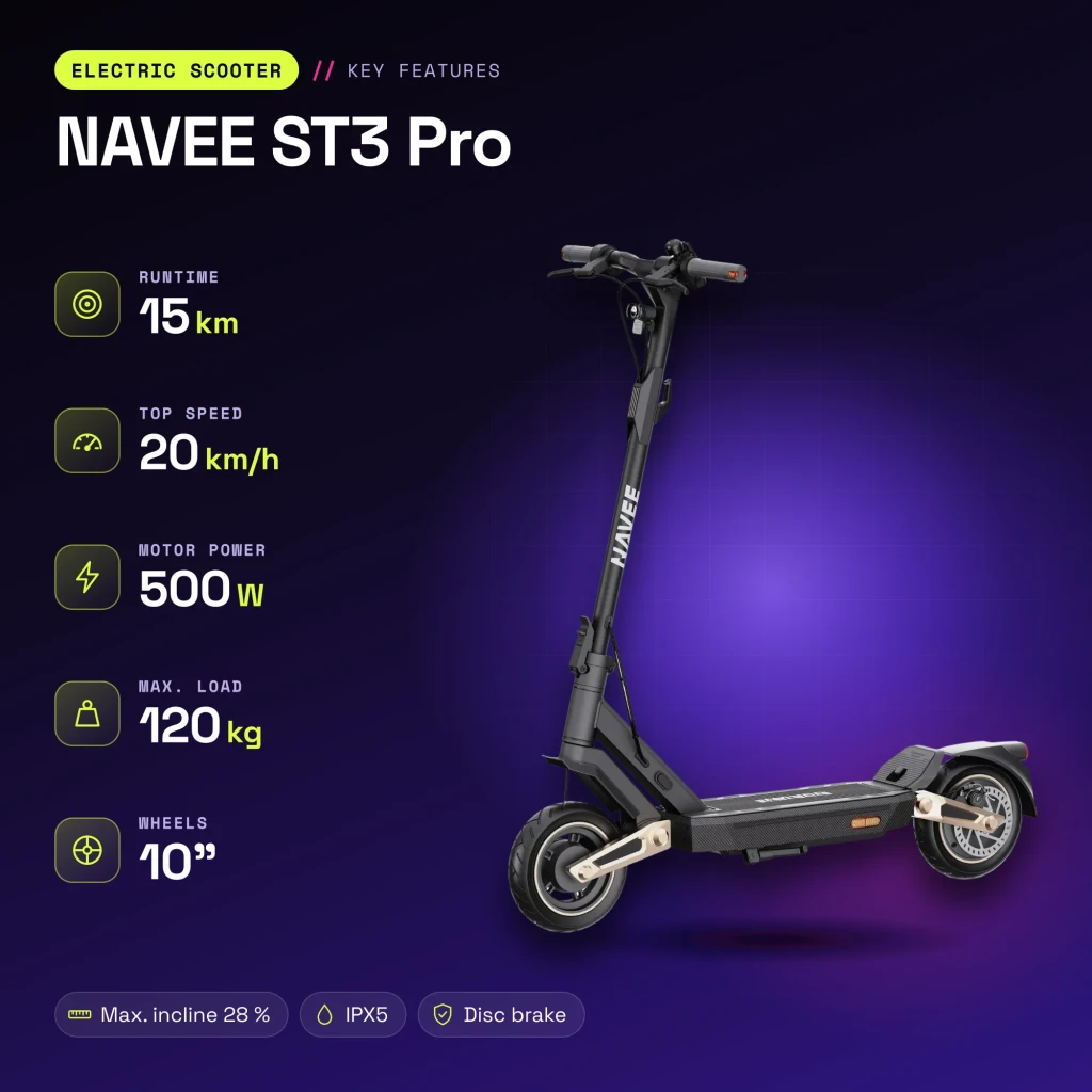 Trotinete Elétrica NAVEE ST3 Pro 500W 75km 20km/h 10 polegadas Preto - características