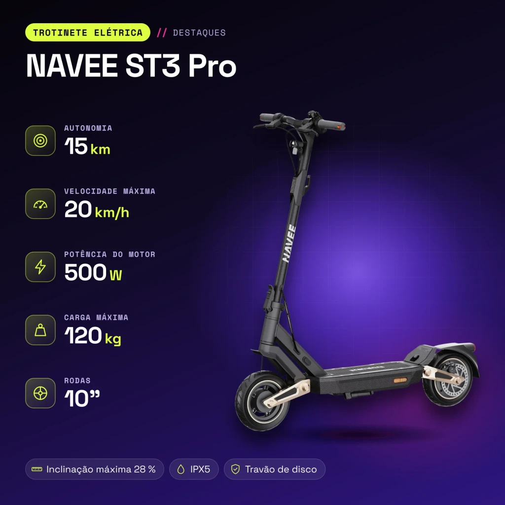 Trotinete Elétrica NAVEE ST3 Pro 500W 75km 20km/h 10 polegadas Preto - características
