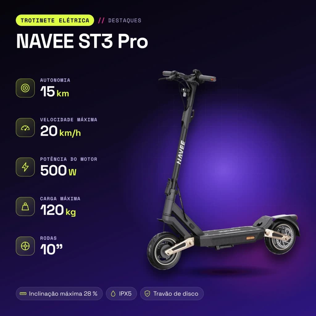 Trotinete Elétrica NAVEE ST3 Pro 500W 75km 20km/h 10 polegadas Preto - características