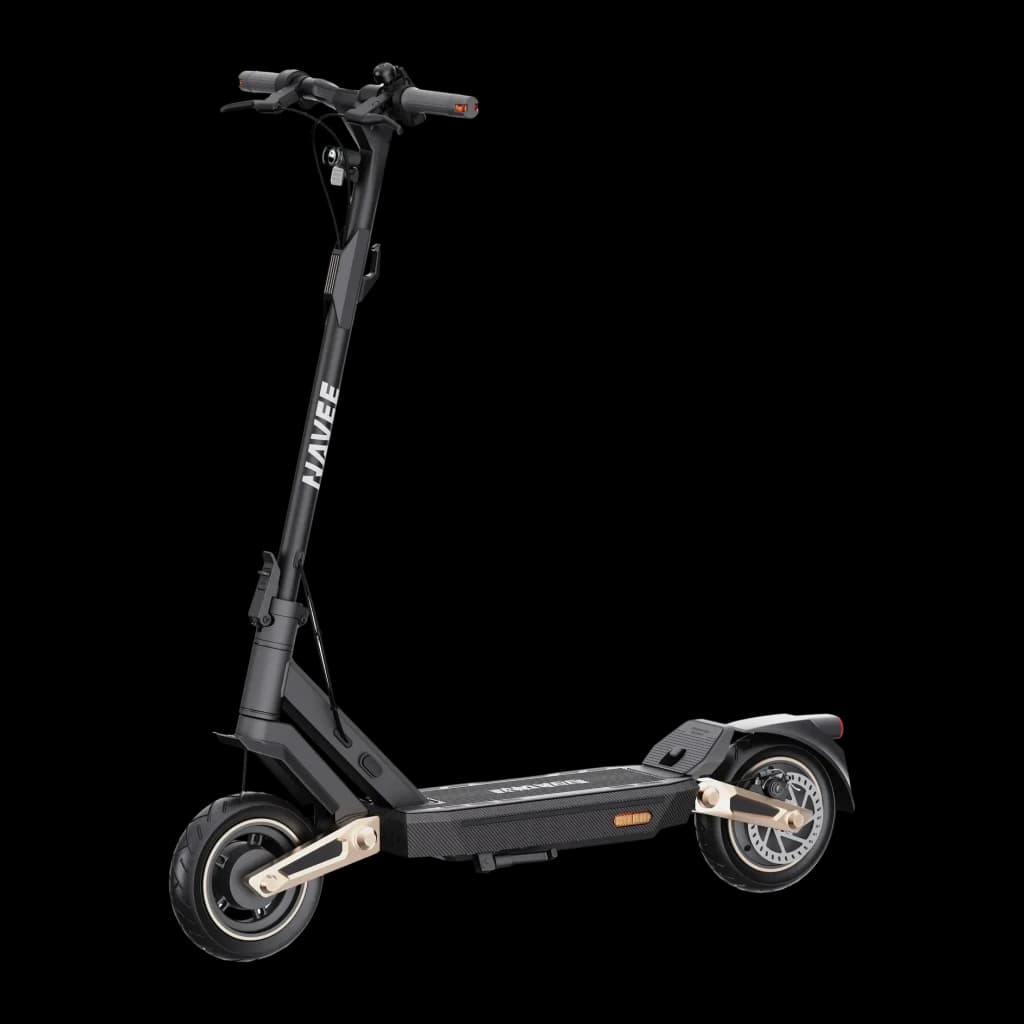 Trotinete Elétrica NAVEE ST3 Pro 500W 75km 20km/h 10 polegadas Preto, vista lateral: quadro preto com detalhes dourados