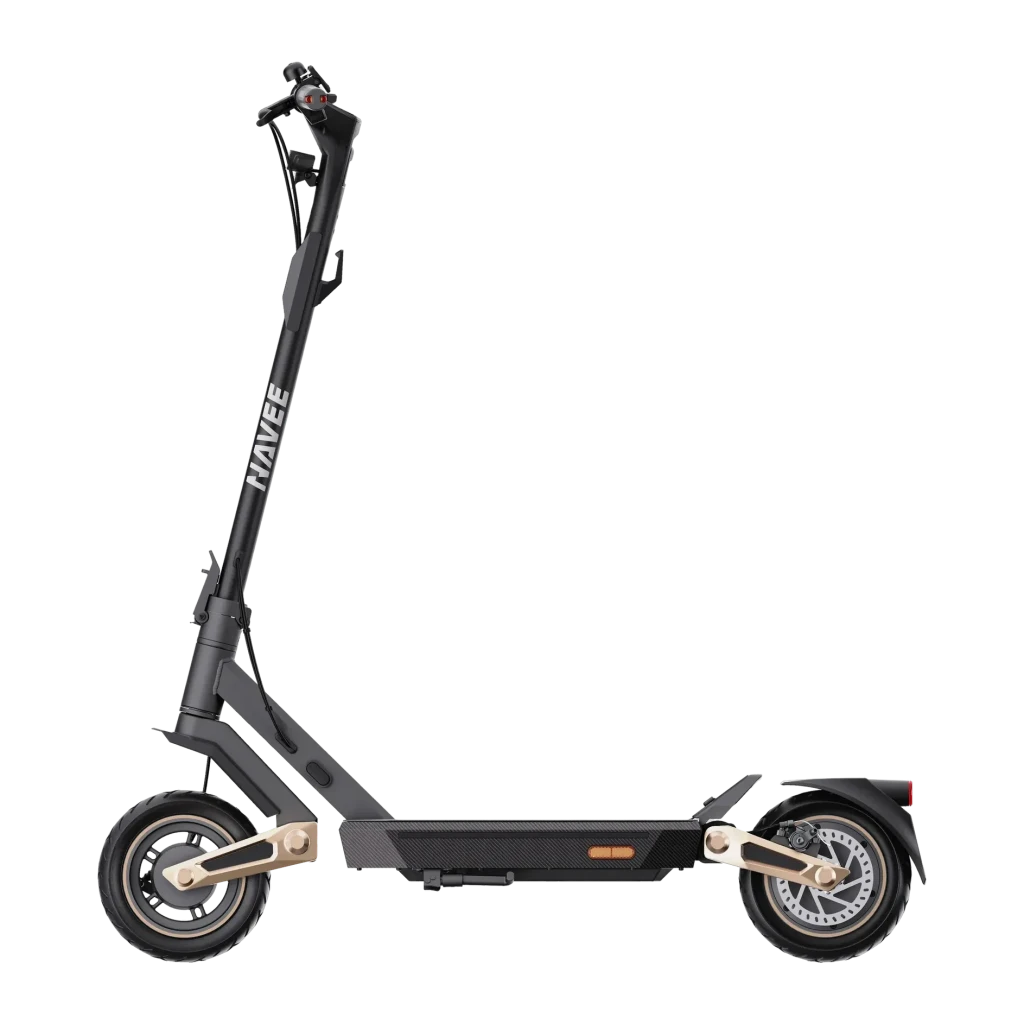 Trotinete Elétrica NAVEE ST3 Pro 500W 75km 20km/h 10 polegadas Preto, vista lateral: pneus todo-o-terreno, detalhes dourados
