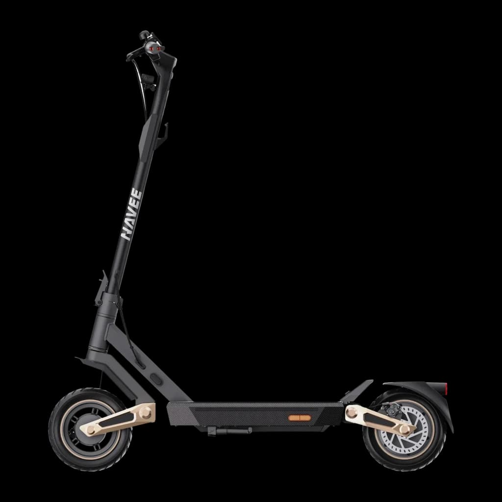 Trotinete Elétrica NAVEE ST3 Pro 500W 75km 20km/h 10 polegadas Preto, vista lateral: pneus todo-o-terreno, detalhes dourados