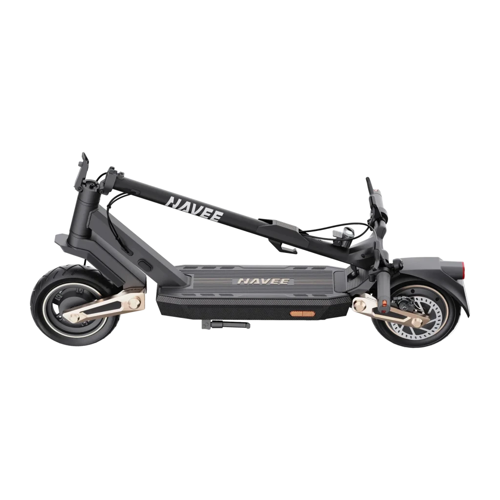 Trotinete Elétrica NAVEE ST3 Pro 500W 75km 20km/h 10 polegadas Preto, vista lateral: trotinete dobrada com rodas de 10