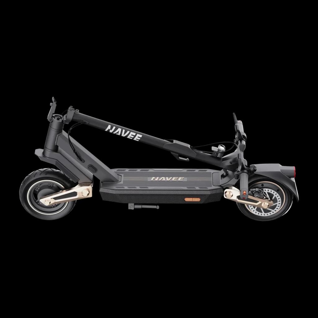 Trotinete Elétrica NAVEE ST3 Pro 500W 75km 20km/h 10 polegadas Preto, vista lateral: trotinete dobrada com rodas de 10