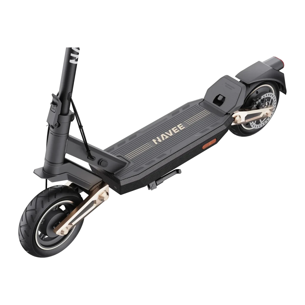 Trotinete Elétrica NAVEE ST3 Pro 500W 75km 20km/h 10 polegadas Preto, vista diagonal: deck com logo dourado, rodas de 10