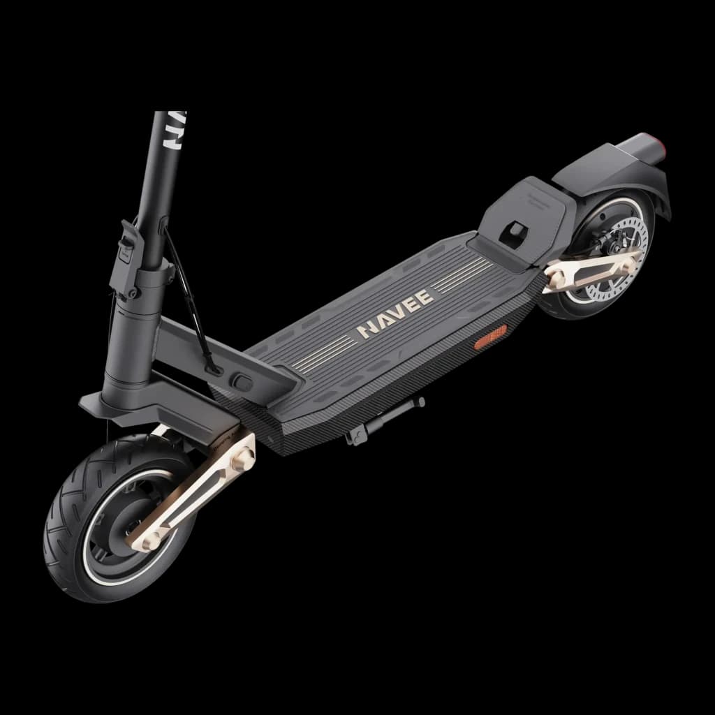 Trotinete Elétrica NAVEE ST3 Pro 500W 75km 20km/h 10 polegadas Preto, vista diagonal: deck com logo dourado, rodas de 10
