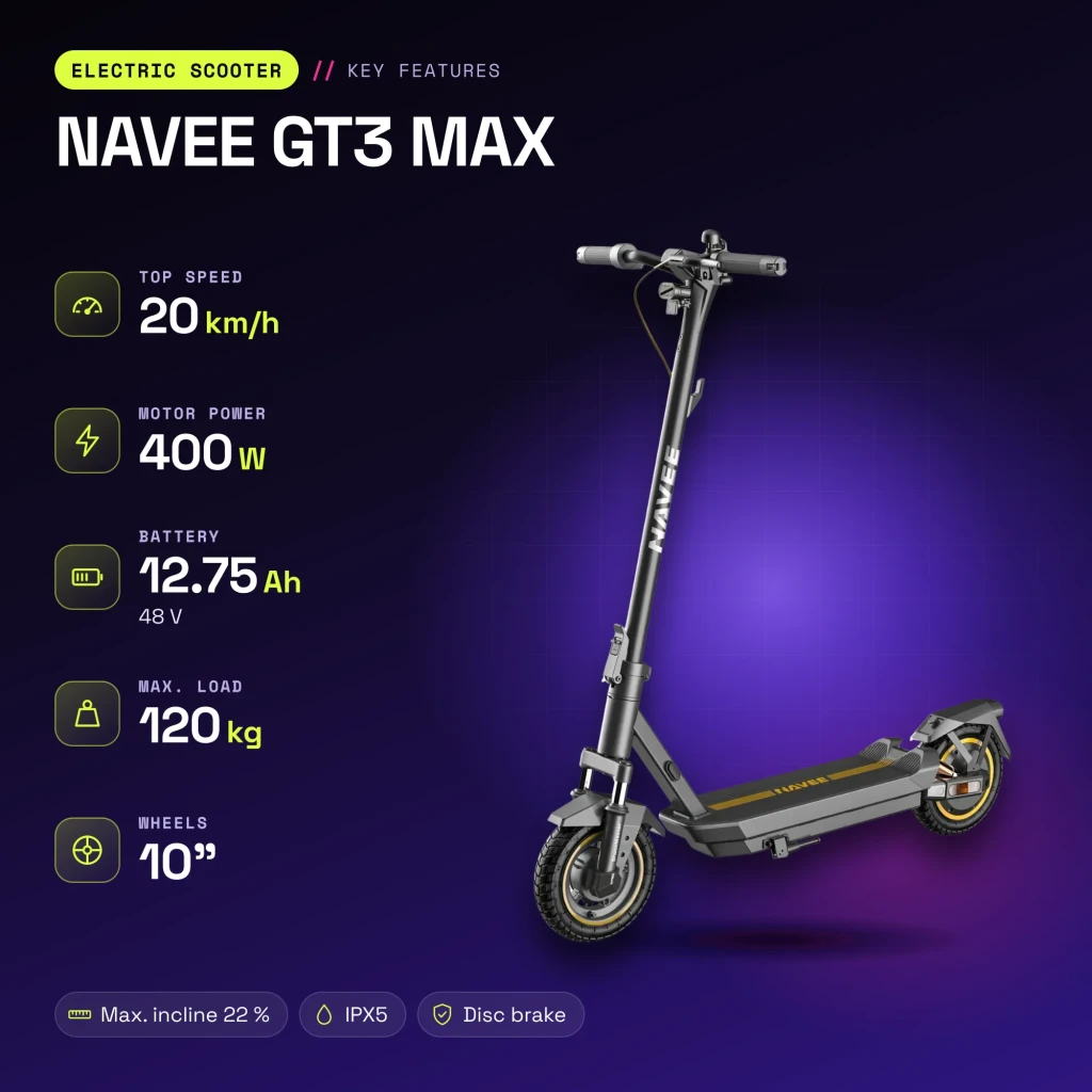 Trotinete elétrica NAVEE GT3 MAX 400W 75km 20km/h 10 polegadas Preto - características
