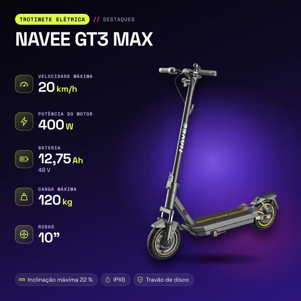 Trotinete elétrica NAVEE GT3 MAX 400W 75km 20km/h 10 polegadas Preto - características