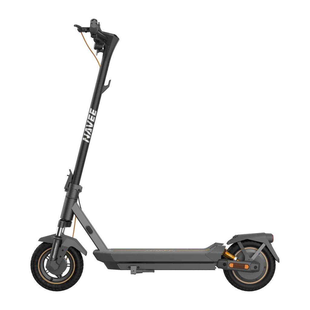 Trotinete elétrica NAVEE GT3 MAX 400W 75km 20km/h 10 polegadas Preto, vista lateral: logo NAVEE na coluna, pneus largos