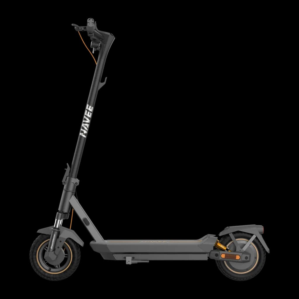 Trotinete elétrica NAVEE GT3 MAX 400W 75km 20km/h 10 polegadas Preto, vista lateral: logo NAVEE na coluna, pneus largos
