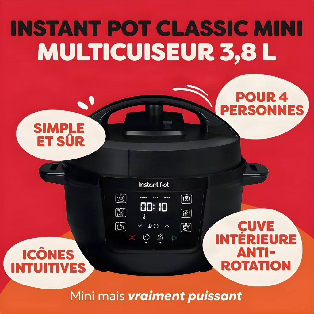 Multicuiseur Instant Pot Classic Mini 3,8L 800W Noir 921267, infographie: panneau tactile avec icônes et caractéristiques