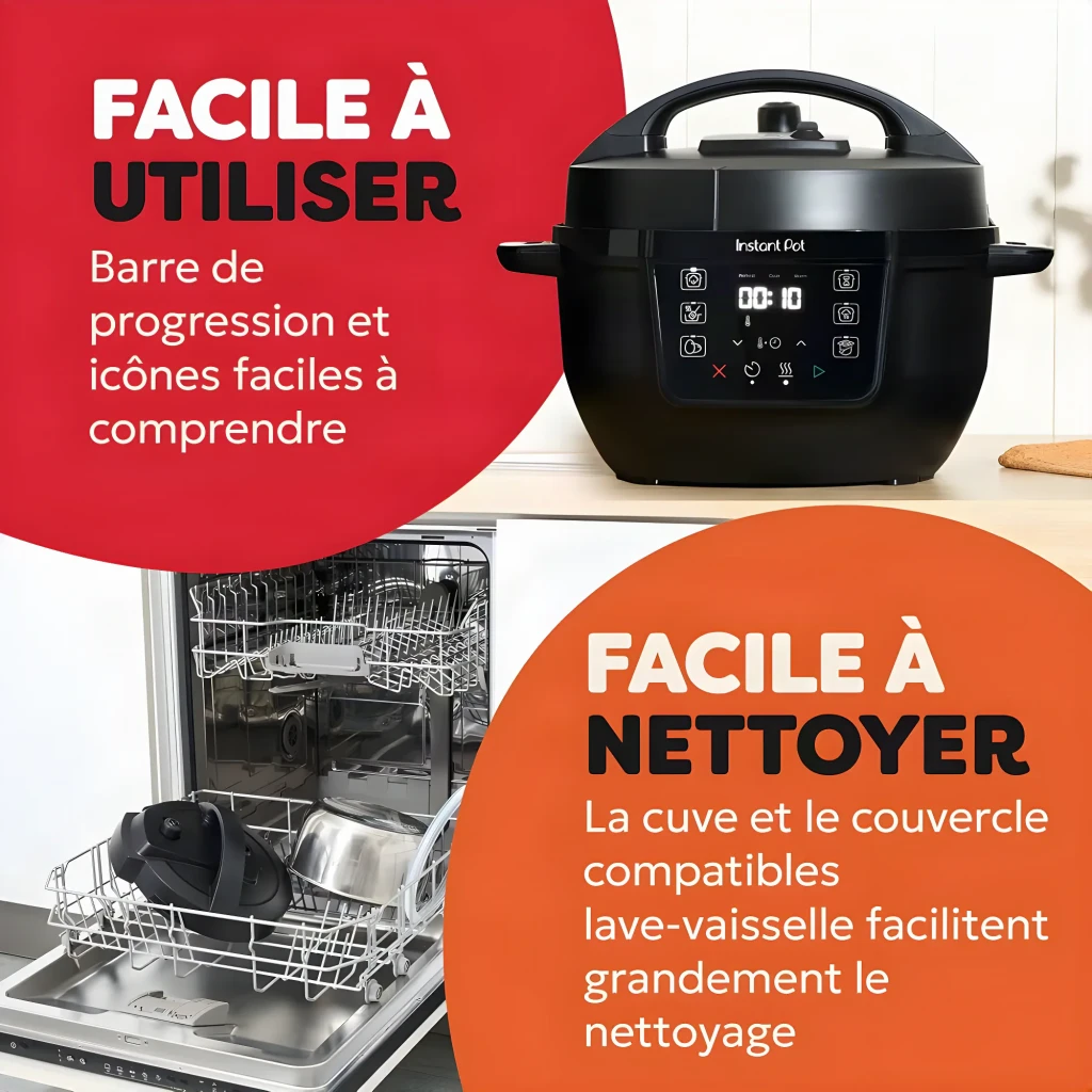 Multicuiseur Instant Pot Classic Mini 3,8L 800W Noir 921267, infographie: panneau digital et cuve compatible lave-vaisselle