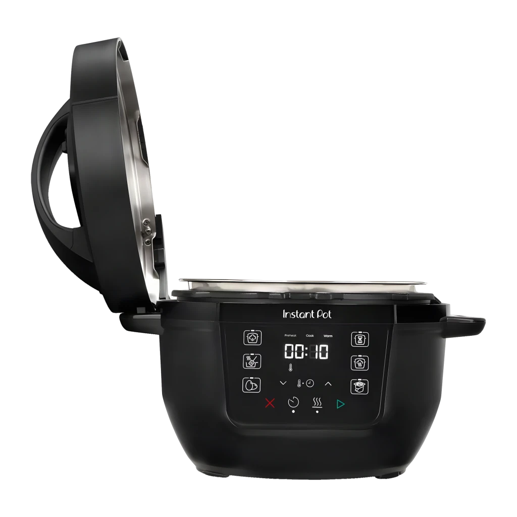 Multicuiseur Instant Pot Classic Mini 3,8L 800W Noir 921267, vue de face couvercle ouvert: panneau tactile LED et cuve