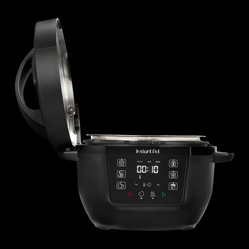 Multicuiseur Instant Pot Classic Mini 3,8L 800W Noir 921267, vue de face couvercle ouvert: panneau tactile LED et cuve