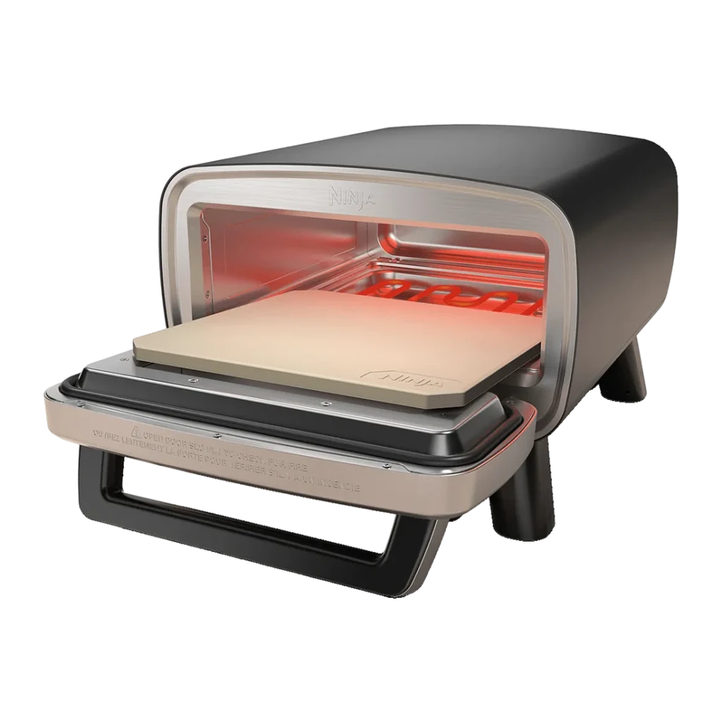 Four à pizza Ninja Artisan 1760W Acier Inoxydable MO201EU, intérieur ouvert: pierre à pizza sortie et résistances rouges