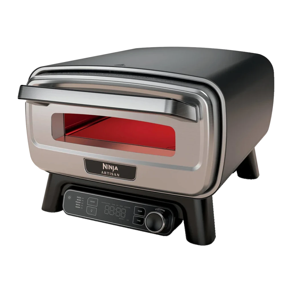 Four à pizza Ninja Artisan 1760W Acier Inoxydable MO201EU, vue latérale: intérieur rouge lumineux, panneau de commande
