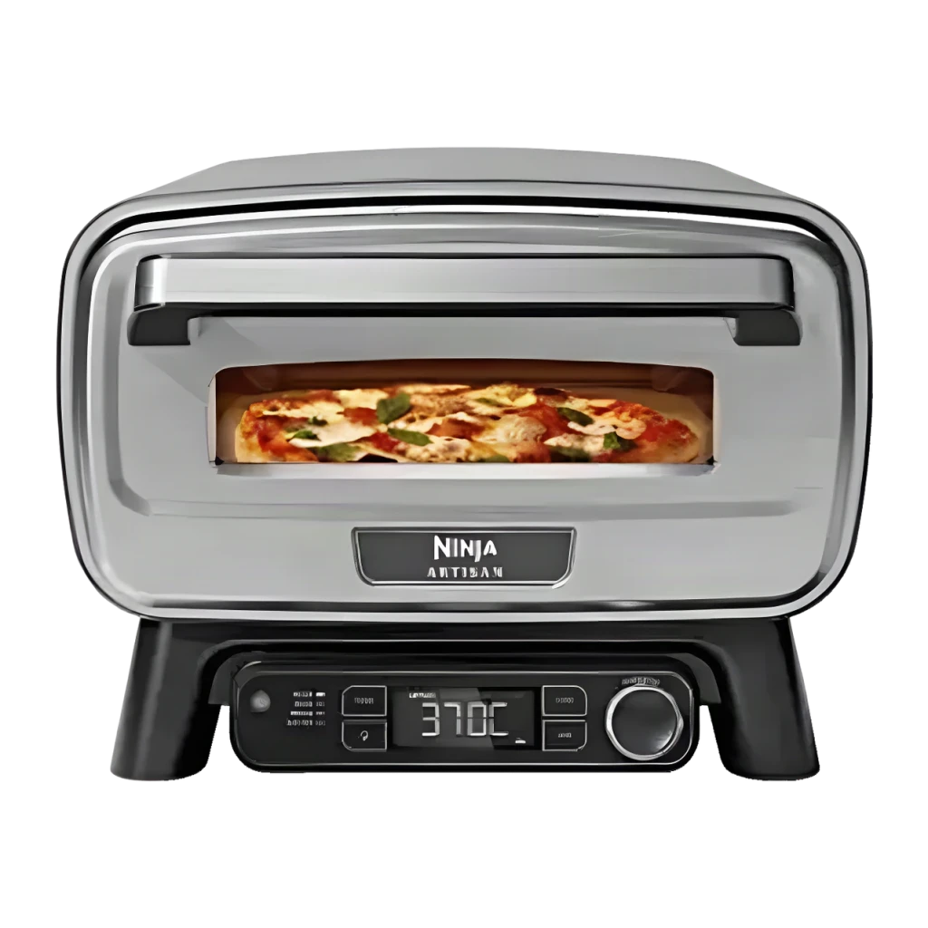 Four à pizza Ninja Artisan 1760W Acier Inoxydable MO201EU, vue de face: pizza visible dans la chambre et panneau numérique à