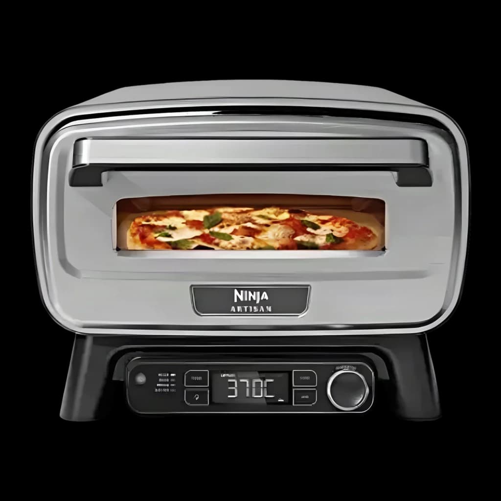 Four à pizza Ninja Artisan 1760W Acier Inoxydable MO201EU, vue de face: pizza visible dans la chambre et panneau numérique à