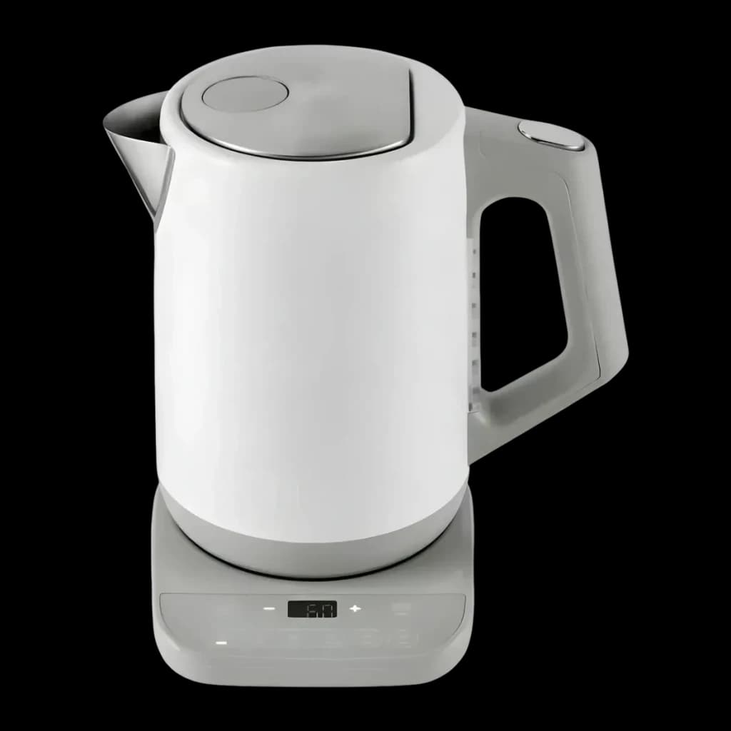 Bouilloire électrique Ninja 1,7L 3000W Blanc KT200EUWH, vue de face: corps blanc, poignée grise et socle avec affichage