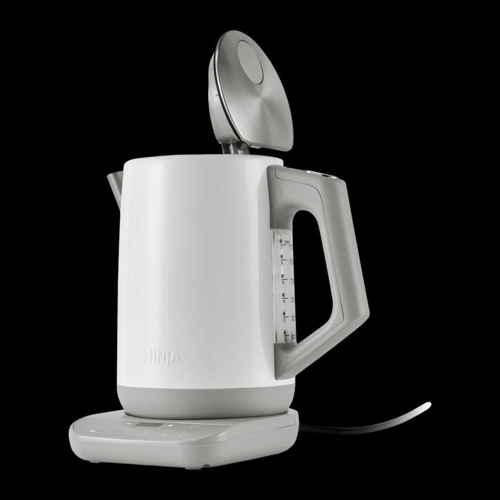 Bouilloire électrique Ninja 1,7L 3000W Blanc KT200EUWH, vue latérale: couvercle ouvert, fenêtre de niveau et socle