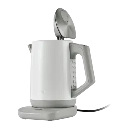 Bouilloire électrique Ninja 1,7L 3000W Blanc KT200EUWH, vue latérale: couvercle ouvert, fenêtre de niveau et socle