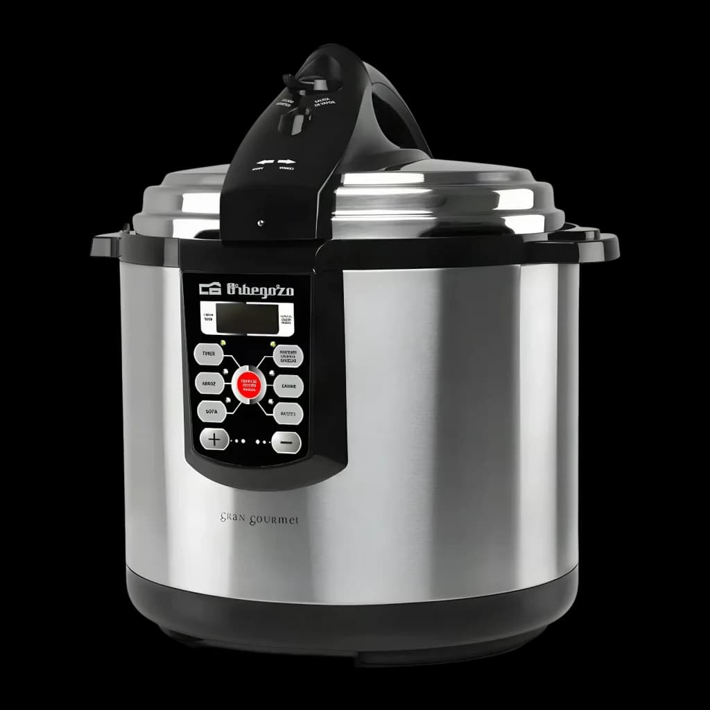 Cocotte-minute électrique Orbegozo HPE 8075 8L 1400W Noir/Acier inoxydable, vue de face: corps inox, panneau de boutons