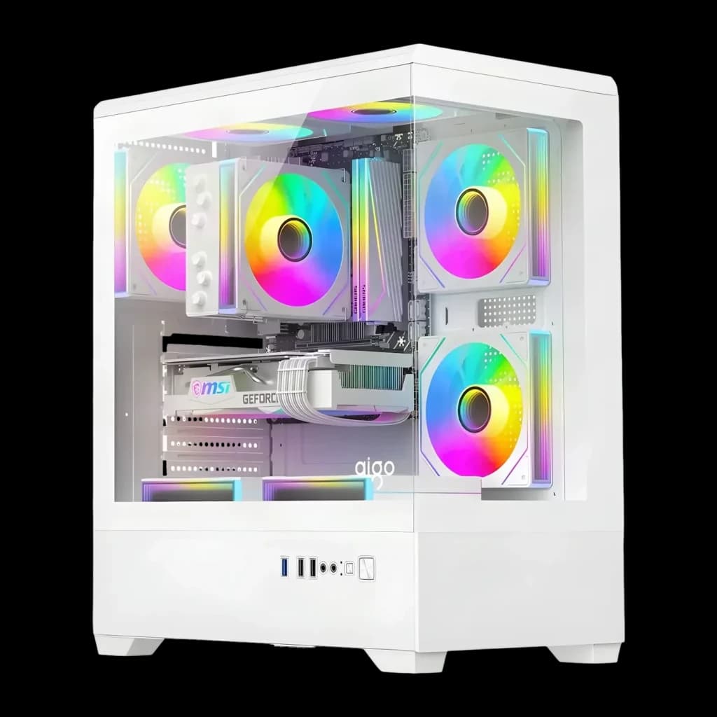 Caixa PC Darkflash C365 Vidro Temperado 270° ATX/M-ATX/ITX Branco, vista frontal: painel de vidro 270° com 4 ventoinhas ARGB