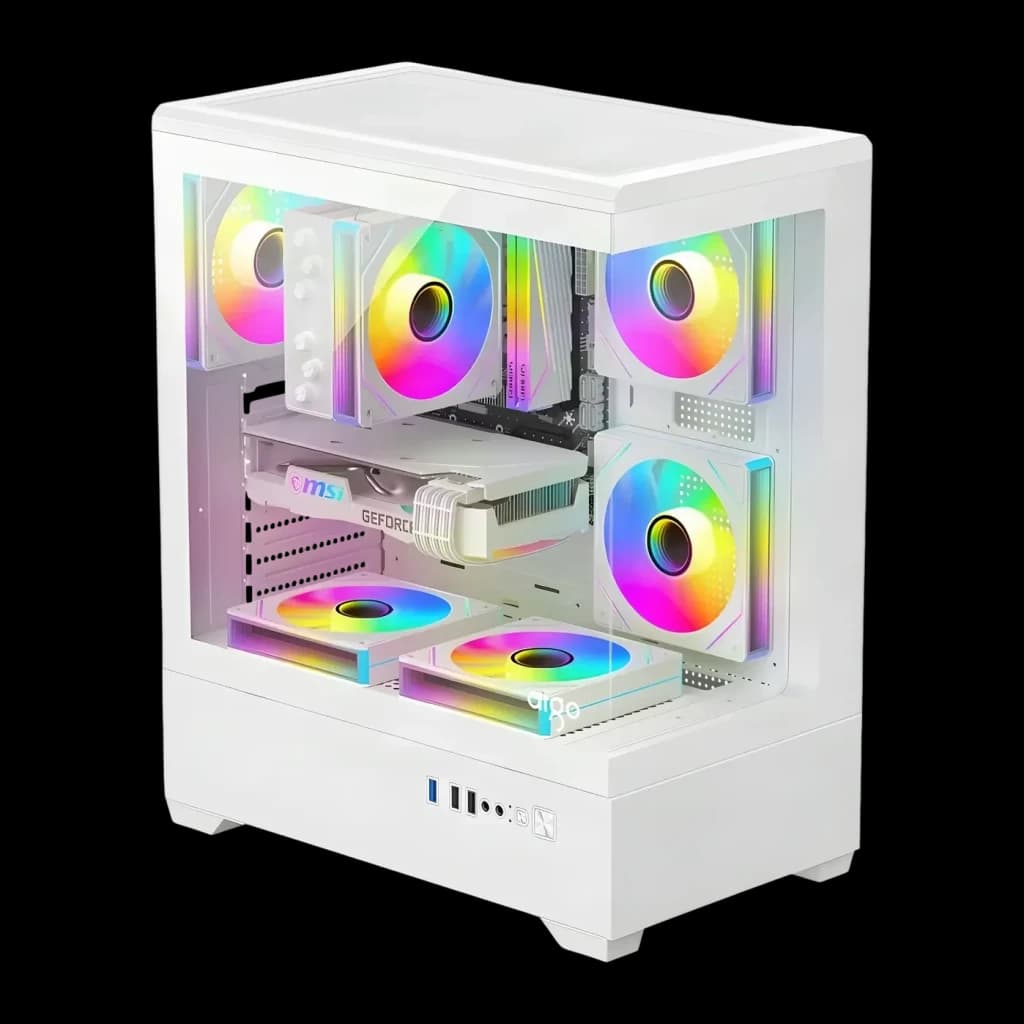 Caixa PC Darkflash C365 Vidro Temperado 270° ATX/M-ATX/ITX Branco, detalhe: interior com 6 ventoinhas ARGB e GPU MSI GeForce